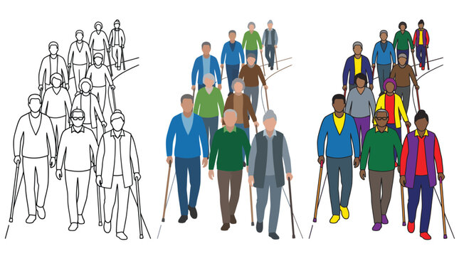 Group of senior citizens walking with canes in illustration set