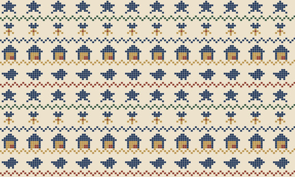 Cross Stitch Sampler Seamless Pattern, Embroidery Style Folk Heritage Motif - Sampler Heritage Colorway