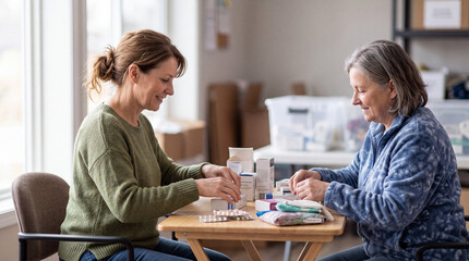 Fototapeta premium Sorting Medical Donations at a Community Table