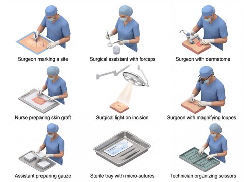 Isometric surgical procedure steps and medical staff icons