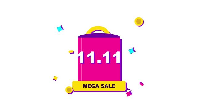 A vibrant 11.11 mega sale shopping concept featuring a colorful bag icon with flying confetti and floating gold coins in a festive motion design