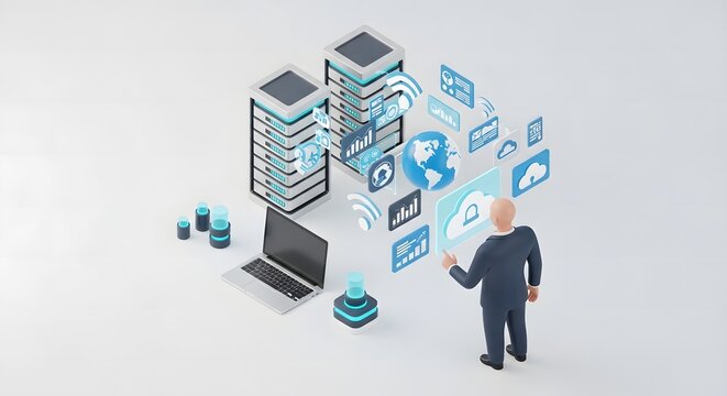 Isometric illustration of a businessman managing cloud server databases, network technology, and digital data storage.