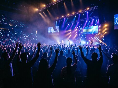 Modern church worship night event with diverse crowd praising God under stage lights.
