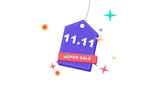 A dynamic 3D motion graphic animation featuring an eleven eleven super sale tag floating with colorful sparkle effects for marketing