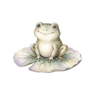 Watercolor illustration of a cute baby frog sitting on a lily pad, isolated on a pure white background, muted sage, pale lavender, warm ivory.