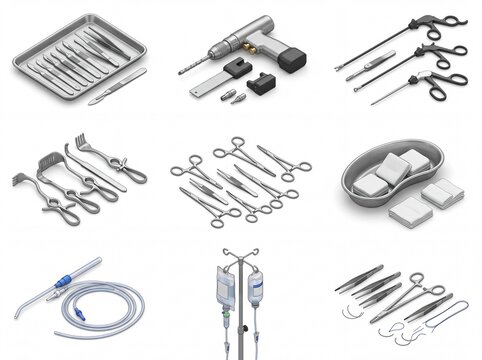 Professional surgical tools and medical equipment on white background