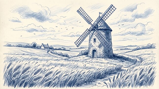 Blue ink drawing of windmill in countryside wheat field.