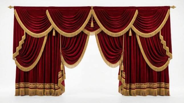 Luxurious red velvet curtains with golden fringe and elegant swags gold fringe luxury drapes window treatment theater curtains stage drapes ornate swags classic curtains elegant drapery
