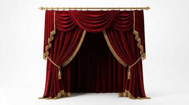 Luxurious red velvet theater curtains with gold trim and tassels on a white background stage curtains luxury curtains window treatment interior design home decor curtains auditorium elegance