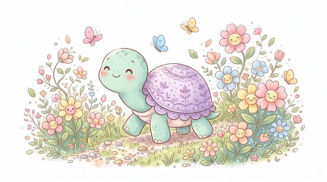 Turtle walking through flower garden