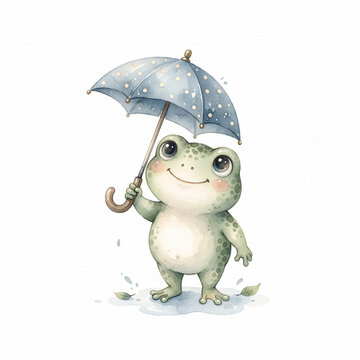 Watercolor illustration of a cute baby frog holding a tiny umbrella, isolated on a pure white background, dusty blue, muted green, cream.