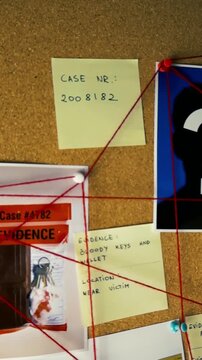 Detective's hand placing a yellow sticky note with the word unsolved on a cork board investigation map with evidence, photos of a burned car, and clues connected by red string