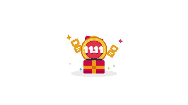 A vibrant 11.11 shopping festival promotional illustration featuring a stylized gift box icon with floating golden confetti elements for annual sales event design