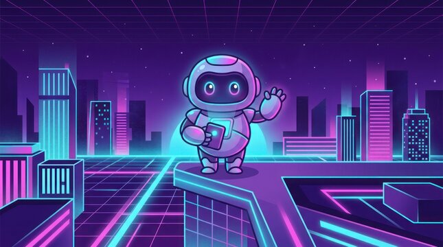 Cute Cartoon Robot Waving in a Retro Neon City