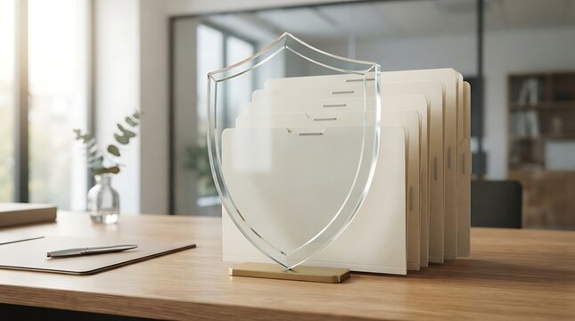 A transparent shield protecting office files on a desk, illustrating the concept of additional insured and risk management in business insurance protection
