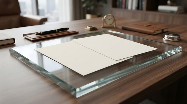 A sleek executive office desk featuring a document under glass with an additional insured concept, professional stationery, and corporate workspace setting