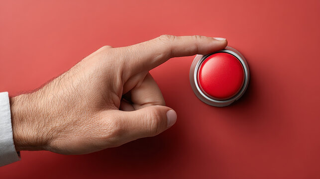 Cybersecurity and Data Privacy concept ,Finger pressing red panic button for data breach concept with hand on red background