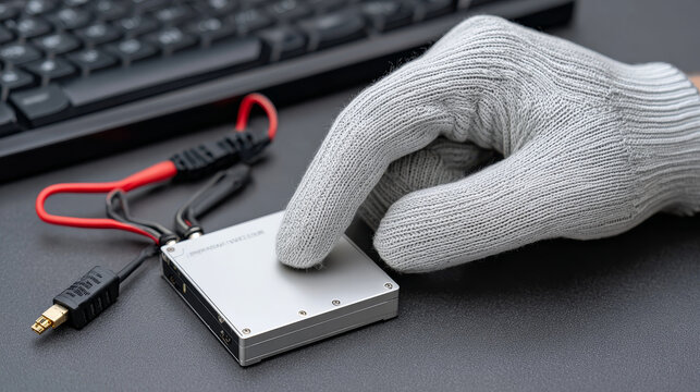 Cybersecurity and Data Privacy concept ,Gloved hand testing backup data restoration on external hard drive near keyboard