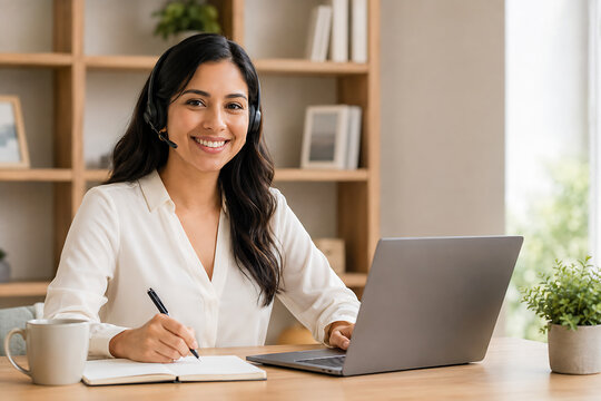 Especialista latina de atenci&oacute;n al cliente trabaja desde casa