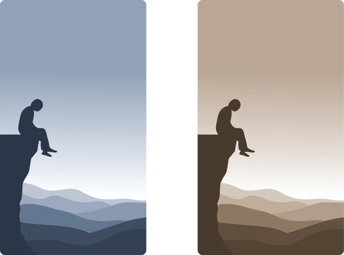 Silhouette of a person sitting on a cliff edge with a mountainous backdrop