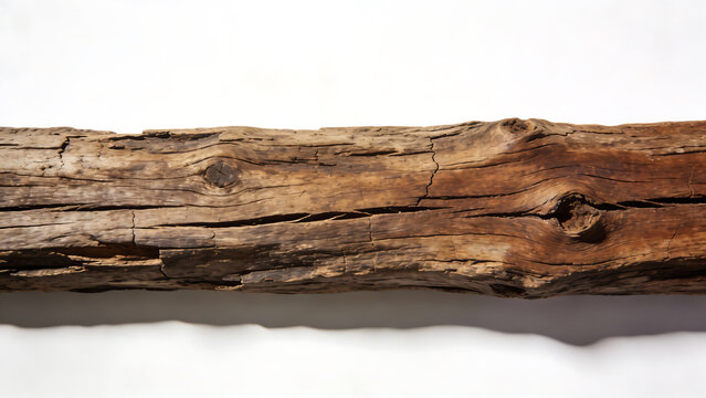 Weathered wooden log with deep cracks and knots against white background