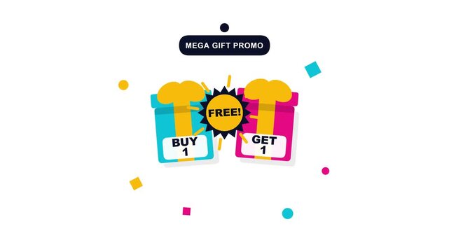 A colorful flat vector illustration of a Buy One Get One Free promotional offer featuring two gift boxes with festive confetti elements for marketing