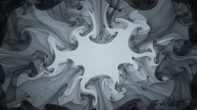 Hypnotic Flow of Dark Pigment Unleashing Abstract Swirls and Intricate Formations Against a Luminous Backdrop, Evoking Mystery and Depth