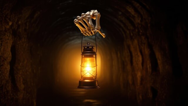 Skeletal hand holding lantern in dark tunnel