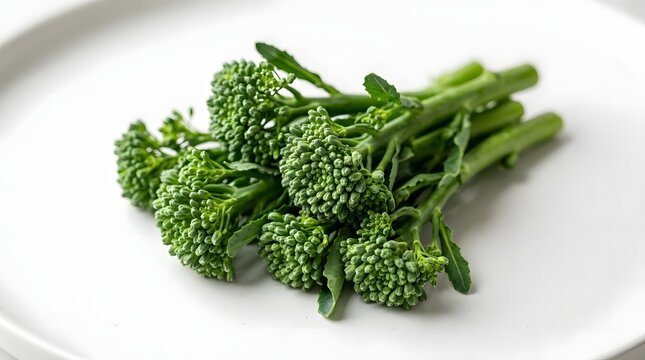 Fresh green broccolini tenderstem broccoli florets served on a clean white plate.