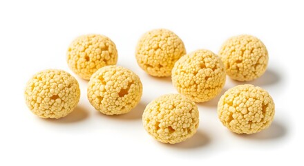 Obraz premium Group of crunchy corn puff cereal balls isolated on a clean white background.