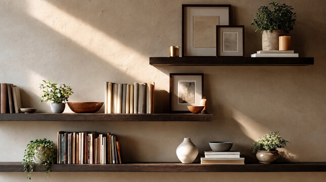 Warm beige living room wall with dark wooden floating shelves and decor for virtual meeting background. for virtual online meeting background