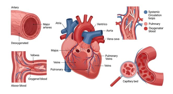 Detailed medical infographic vector showing human heart anatomy circulatory system blood vessels arteries and capillary beds.