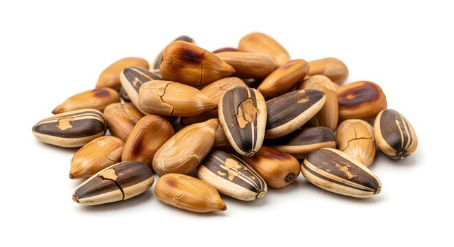 Heap of roasted sunflower seeds and kernels isolated on white background.
