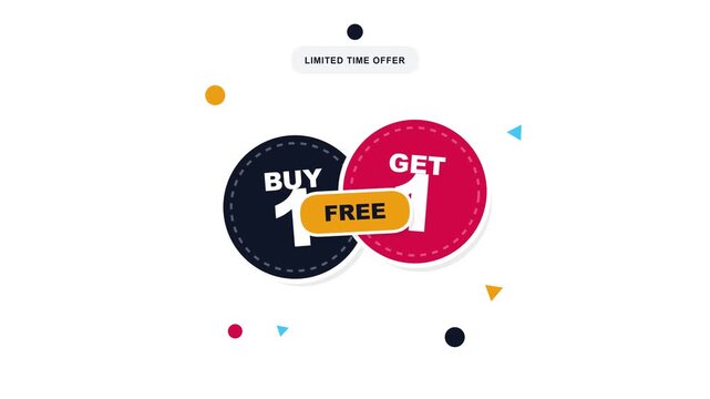 A vibrant 2D motion graphic banner featuring a Buy One Get One Free limited time promotional offer with dynamic text animation elements