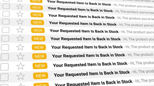 Back in Stock Email Notification Appearing in a Digital Inbox. New Restock Alerts for Online Shopping and E-commerce Customers.