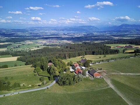 View of Horben viewpoint with Lake Zug and Rigi in the back, Beinwil Freiamt, Canton of Aargau, Switzerland