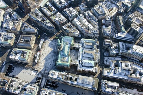 City Hall and City Hall Market, city, city view, winter, snow, aerial view, city hall, Hamburg, Germany