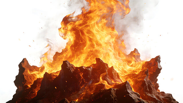 intense volcanic eruption with roaring flames and glowing lava rocks against white background