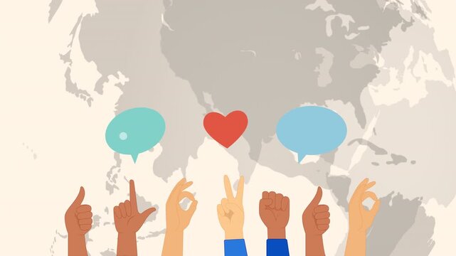 Sign Languages concept featuring expressive hand gestures, communication symbols and heart icons, representing sign language, deaf awareness, inclusion, accessibility, equality and communication