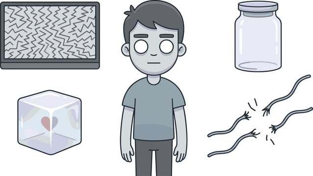 Mental Health and Numbness Concept Set Featuring Emotionless Boy with Static Screen Brain, Frozen Heart Ice Cube, Empty Jar, and Broken Rope Metaphors
