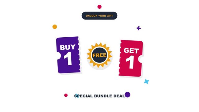 Animated Graphic Promotional Banner Featuring Buy One Get One Free Special Bundle Deal Text and Abstract Colorful Shapes for Retail Marketing