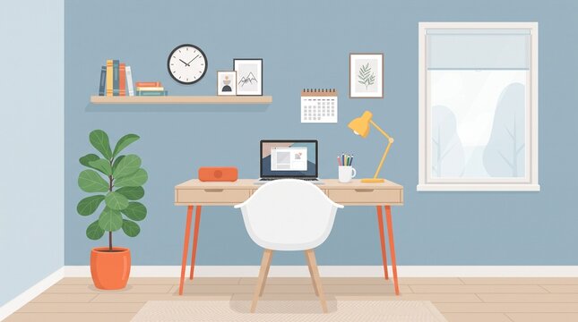 Cozy home office interior with wooden desk and computer in minimalist modern style with soft daylight vector illustration for remote work promotion