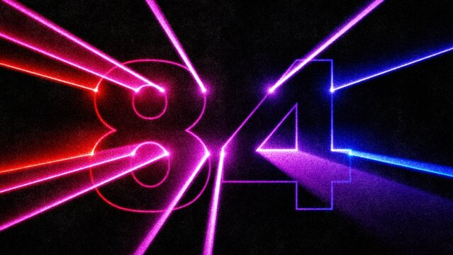 Neon laser number 84 with glowing light beams on dark background