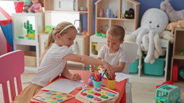 Girl and boy drawing with colored pencils, hands crafting shapes on paper at playroom table near toy shelf; playfulness sibling bond.