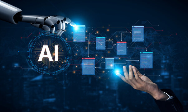 Futuristic software development concept featuring AI pair programmer, automated AI code generation, and real-time AI debugging. Ideal for DevOps and tech AI innovation. Corpus