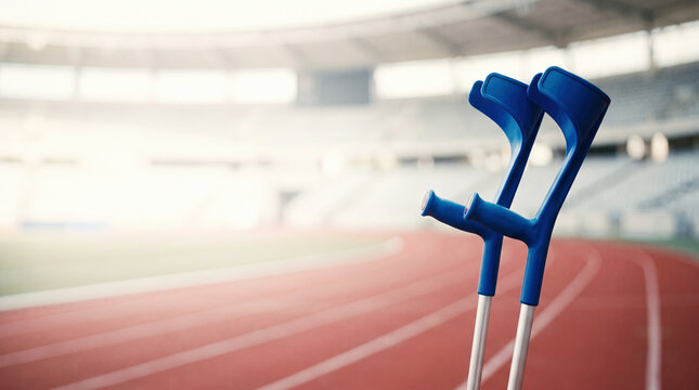 Crutches Beside Running Track Symbolizing Injury Recovery and Determination to Return to Sport