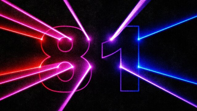 Neon laser number 81 with glowing light beams on dark background