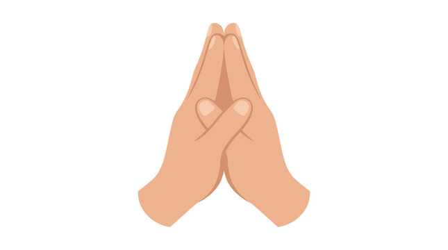 Flat illustration of human hands pressed together in a prayer gesture or namaste sign on white background representing hope faith and gratitude