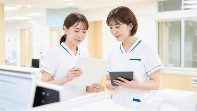 ナースステーションで書類とタブレットを確認する看護師二人