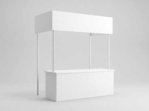 Minimalist white exhibition booth kiosk with overhead signage and clean counter space